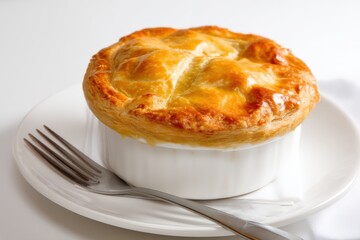 A golden-brown puff pastry tops a ramekin filled with savory goodness, set on a pristine white plate with a fork beside it