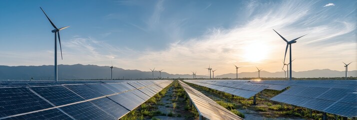 Solar Panels Wind Turbines Green Energy Sunset