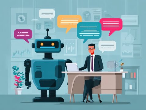 A businessman employs an internet chat bot to exchange and analyse consumer data. A customer care centre using artificial intelligence and CRM software technology