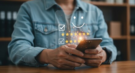 Person holding smartphone with smiley face and gold star ratings. Positive feedback and satisfaction concept. Modern user experience with digital approval.