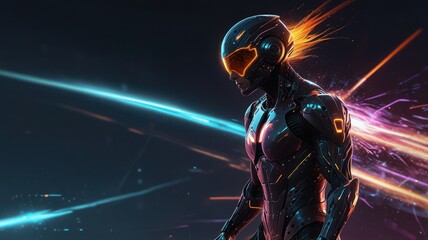 Cybernetic figure in futuristic suit amidst streaks of colorful light and glowing accents