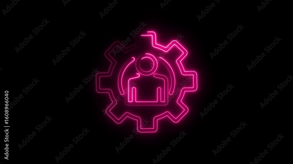 Poster neon pink gear and person icon animation loop abstract concept of teamwork and process management