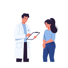 Obraz premium Doctor Explaining a Medical Report to a Patient: Flat Vector Illustration of a Physician and a Woman Discussing Health Results