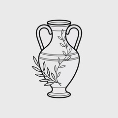 Elegant ancient greek amphora vase with olive branches line art illustration