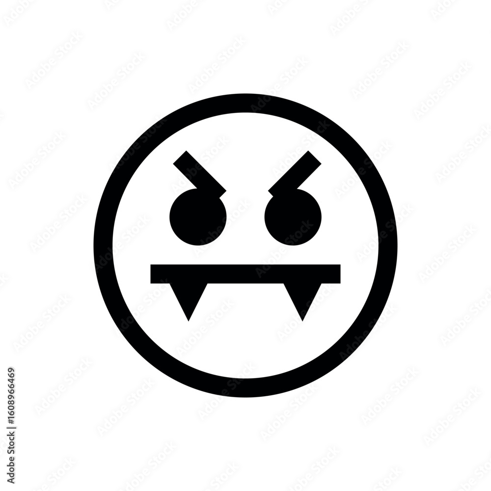 Poster a simple black and white drawing of a circle containing an angry face with fangs and furrowed brows