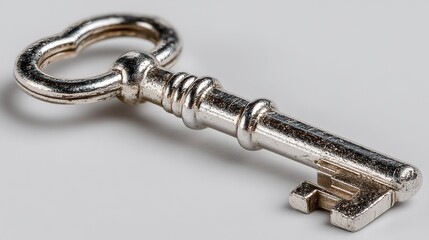 Minimalist Metal Key Closeup Art on White Background for Abstract Graphic Rendering
