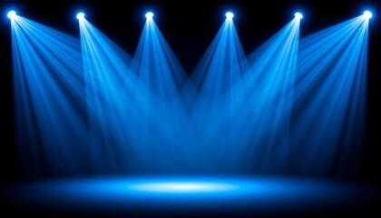 Five bright blue spotlights illuminate a dark stage