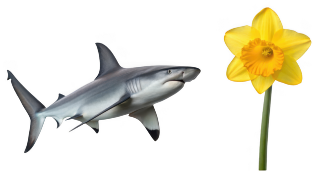 Hammerhead shark animal and Daffodils flower isolated on transparent background