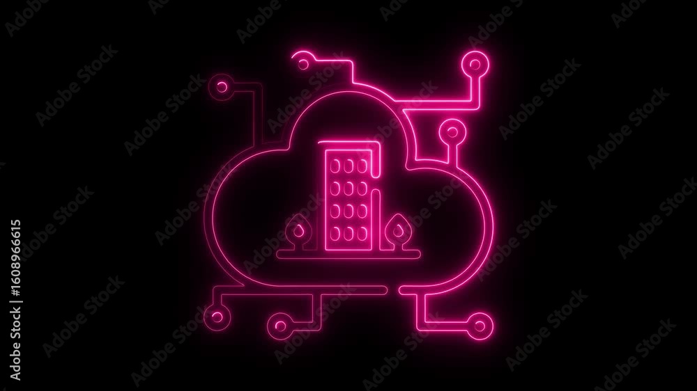 Poster neon cloud computing concept illuminated against black background futuristic data center