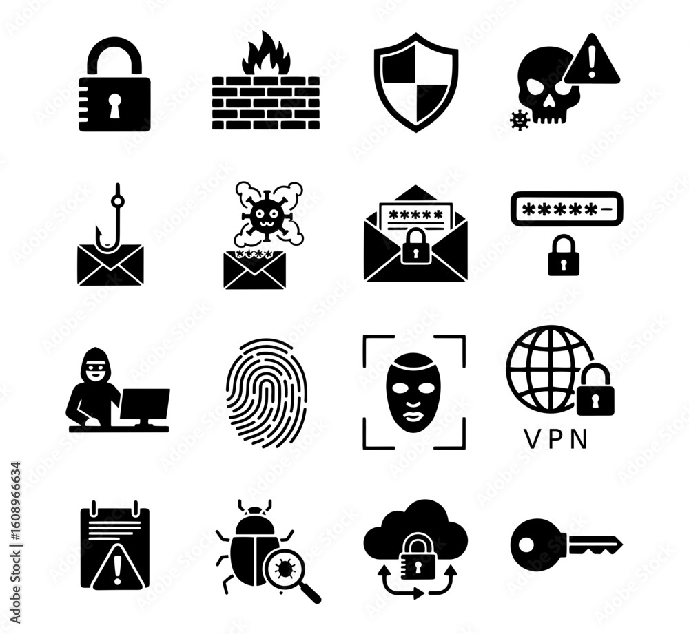 Poster cybersecurity icons protect data with firewall, encryption, and threat detection design