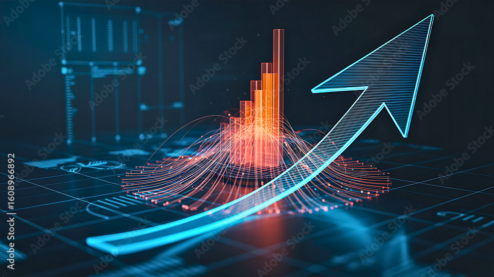 Poster holographic arrow and futuristic bar chart showing financial data analytics for successful business 