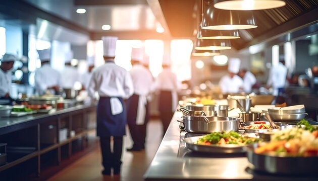 Busy restaurant kitchen, chefs at work