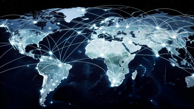 The image shows a world map with interconnected white lines and dots, suggesting global connections, networks, and data flow against a dark space