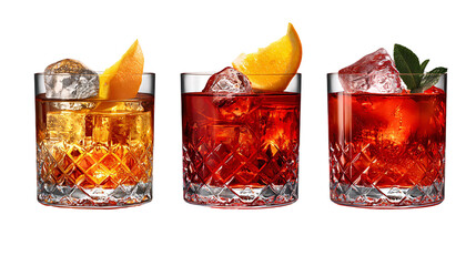 Cocktail trio with orange peel and herb garnish