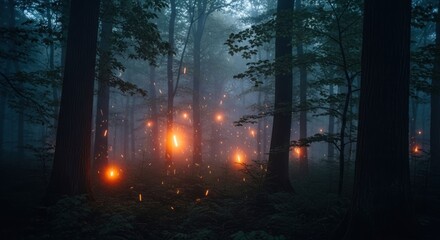 Obraz premium Misty forest, glowing lights