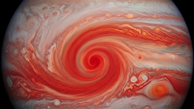 A detailed view of jupiter showing its swirling clouds and the great red spot vortex in space