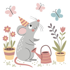 Vector illustration of a Curious Rat with wearing a party hat, styled in a Spring garden theme using Spring Garden colors
