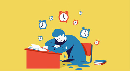 Schoolchild feeling stressed while studying at desk with clocks  