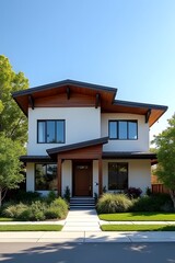 a modern two-story house with a white and brown exterior