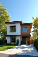 a modern two-story house with a white and brown exterior