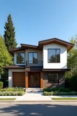 a modern two-story house with a white and brown exterior