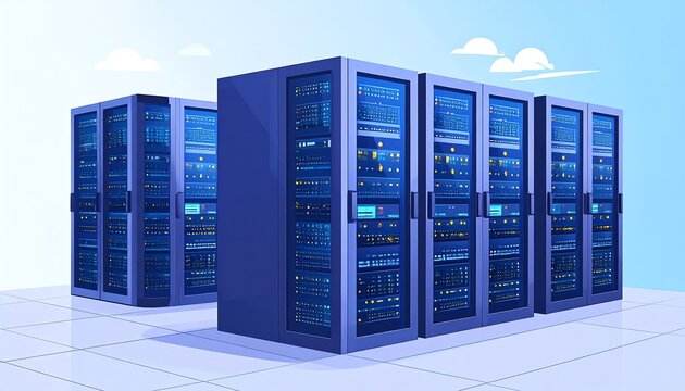 Rows of server racks in a data center