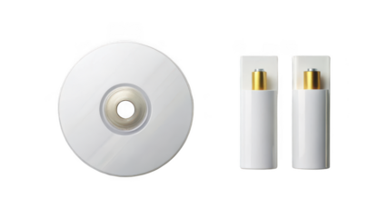 CD disk and Blank disposable alkaline batteries pack isolated on transparent background