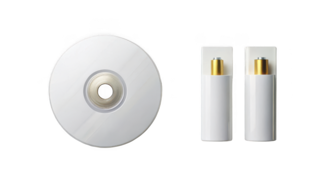 CD disk and Blank disposable alkaline batteries pack isolated on transparent background