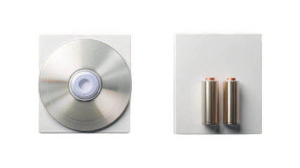 CD disk and Blank disposable alkaline batteries pack isolated on transparent background