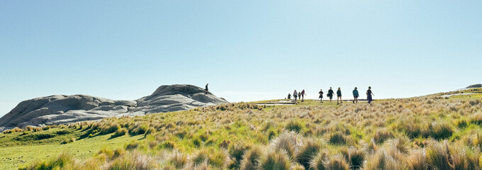 Group of Hikers Silhouetted Against Horizon on Grassy Ridge