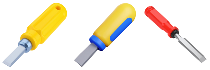 Three Dimensional Plastic Style Chisels in Yellow Blue and Red Colors with Metallic Blades on Transparent Background