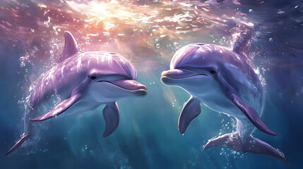 Fototapeta premium Delightful fantasy illustration featuring amicable dolphins frolicking in shimmering ocean waves, enhanced by magical glows and enchanted aquatic surroundings in a beautifully detailed painting