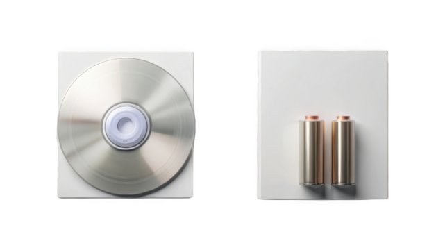 CD disk and Blank disposable alkaline batteries pack isolated on transparent background