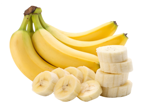 A large bunch of whole ripe yellow bananas and many perfectly sliced banana rounds are neatly stacked, transparent png isolated.