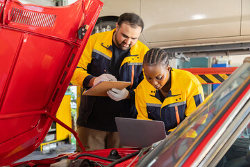 Small business garage mechanics pose confidently in partnership, male and female workers in uniform represent modern professional teamwork, equality, and trusted auto service, accident insurance
