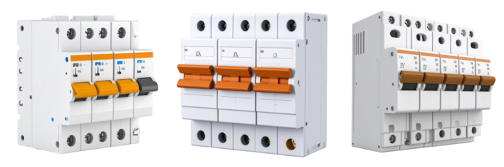 3D Plastic Style Circuit Breakers Isolated Against Black Background Presenting Electrical Safety Components