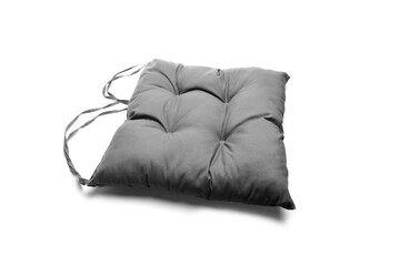 Soft gray cushion with tufted design and fabric ties, ideal for outdoor seating or home decor,...