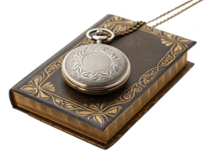 Vintage Pocket Watch on Open Book on transparent