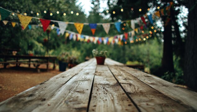 A rustic wooden picnic table set outdoors is decorated with colorful bunting and soft string lights for a festive celebration in a lush, green