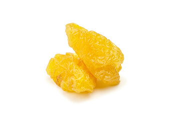 Bright yellow pear pieces are displayed on a clean white background, showcasing their unique texture and natural beauty, ideal for artistic and commercial use in various projects