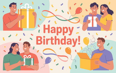 Cartoon vector illustration of a young couple shopping for a holiday gift box, celebrating the fun and happiness of the season