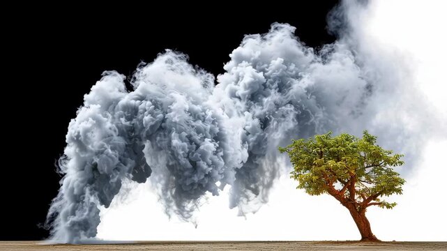 Single green tree stands resilient against dramatic swirling smoke clouds, creating a striking contrast between nature and chaos, symbolizing strength and endurance in challenging environments