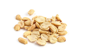 Salted peanuts scattered on a white background, showcasing their natural texture and color, ideal for culinary uses and healthy snacking options