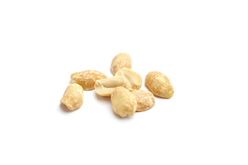 Roasted salted peanuts scattered on a clean white background, showcasing their natural texture and color, ideal for culinary and health-related visual content