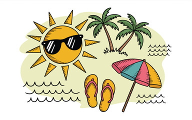 Sun with sunglasses enjoying a tropical beach vacation under a palm tree