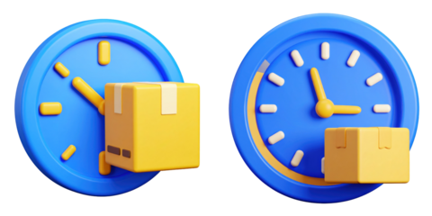 3D Plastic Style Illustration of Two Blue Clocks with Yellow Package Boxes Representing Delivery Time and Logistics Concepts