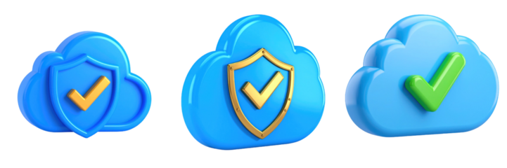Three Dimensional Plastic Style Cloud Icons Featuring Blue and Green Colors with Shield and Check Mark Elements on Transparent Background