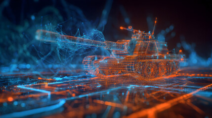 Holographic Howitzer in a Neon-Lit Digital Realm: A Symbiotic Dance of Blue and Orange