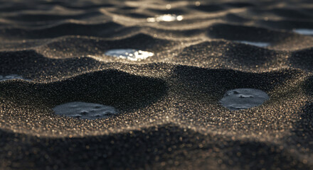 Close-up view of black sand with water droplets.