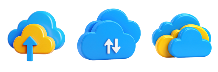 3D Plastic Style Cloud Icons for Cloud Sharing Upload and Download in Blue and Yellow with Transparent Background